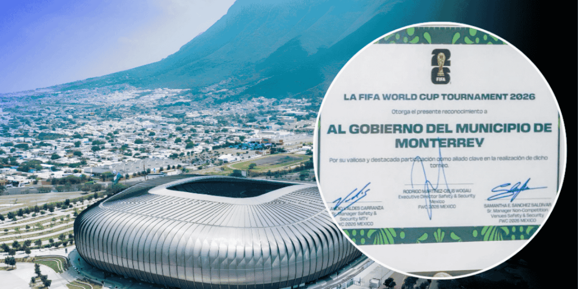 Aerial view of a modern circular stadium with an inset certificate recognizing Monterrey's government for the FIFA World Cup 2026.