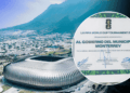 Aerial view of a modern circular stadium with an inset certificate recognizing Monterrey's government for the FIFA World Cup 2026.
